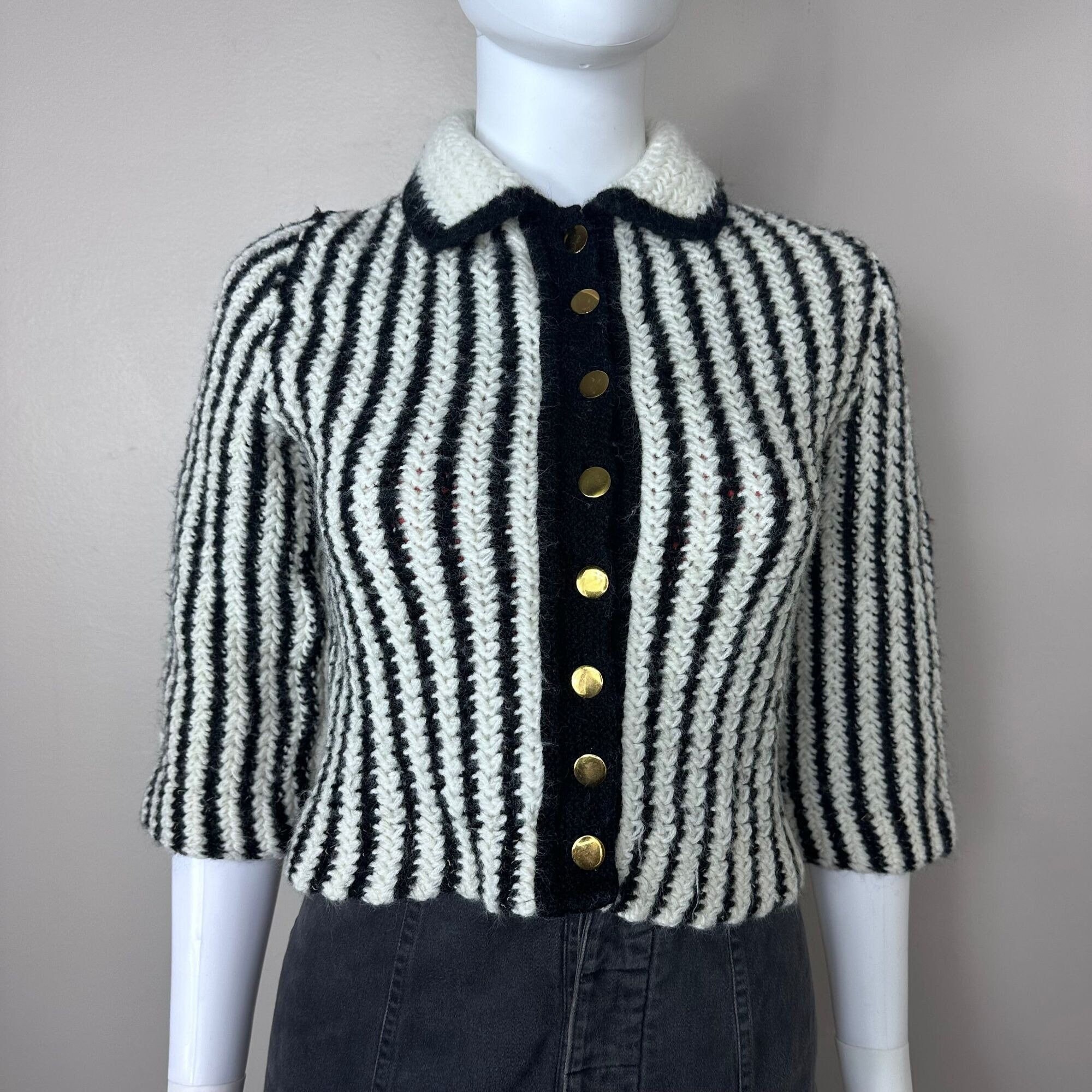 Vintage 1950s Black and White Striped Fuzzy Cardigan Sweater