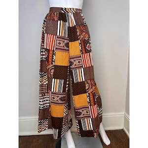 Pantalones palazzo vintage de los años 70 con estampado de patchwork marrón, hechos a mano, talla XXS, pernera ancha