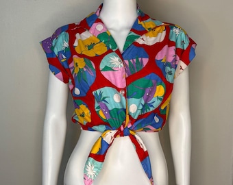 Blusa vintage de los años 80 con lazo delantero, talla S/M, estampado tropical