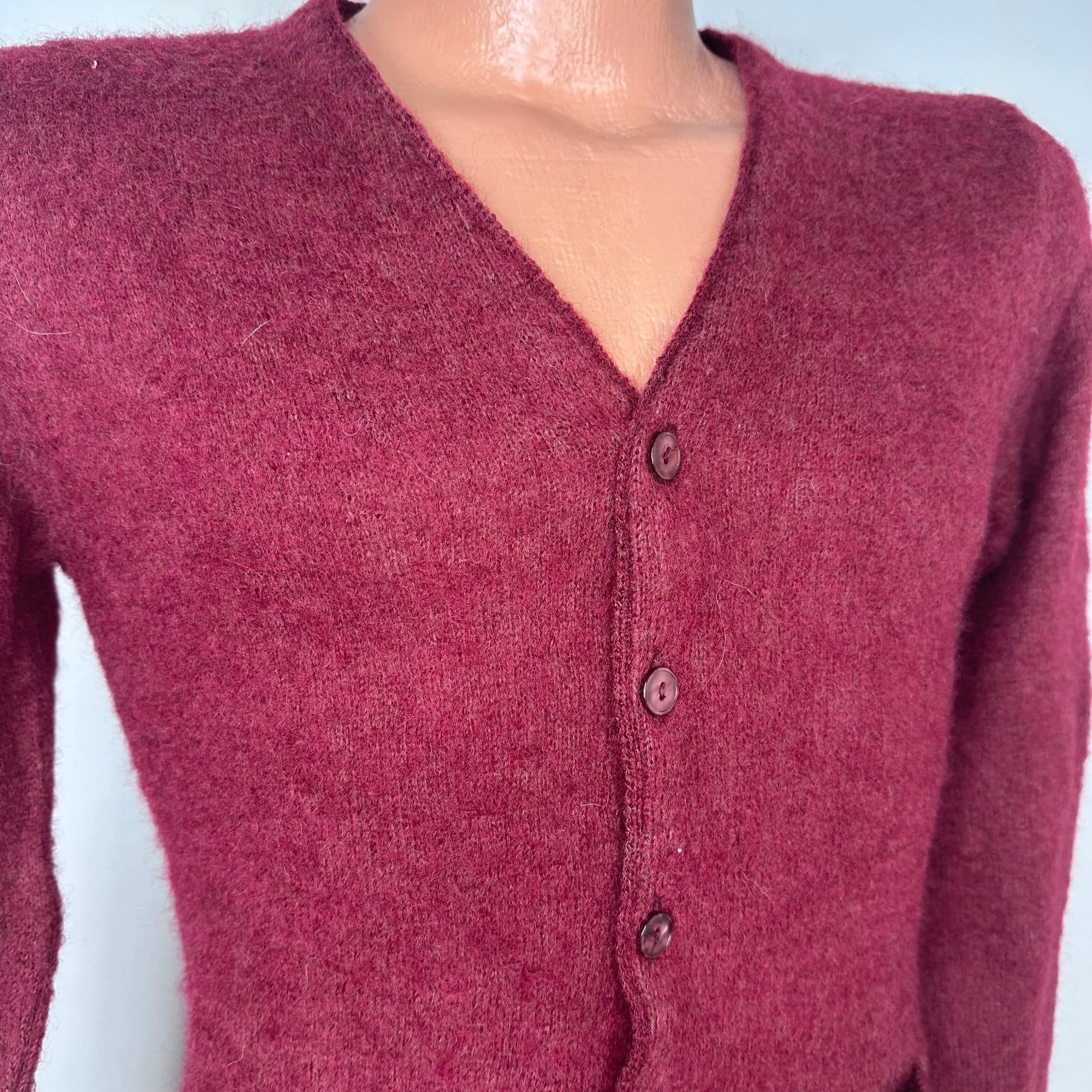 Vintage 1960s Maroon Fuzzy Mohair Cardigan Sweater, Amcrest Vintage 1960s Maroon Fuzzy Mohair Cardigan Sweater, Amcrest
