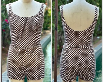 Vintage 1970s Brown Plaid Women’s Swimsuit, Size XS-Small, One Piece, Romper