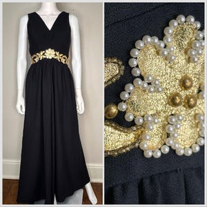 Vintage 1960s/70s Black Wide Leg Jumpsuit with Gold Floral Embellishment Waistband, Size XS