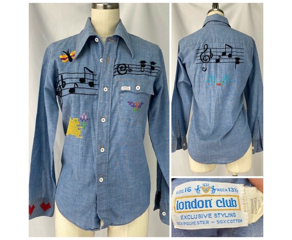 Vintage 1970s Embroidered Chambray Shirt, Youth L/