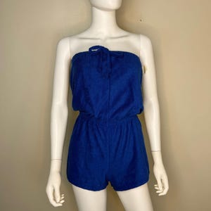 Vintage 1970s Blue Terrycloth Romper, Size X-Small, Deadstock New with Tag, Swimsuit Beach Cover Up