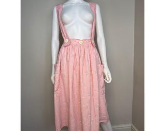 Vintage 1980s Pastel Pink Abstract Geometric Skirt with Removable Suspender Straps, Scribble Art, Size Medium