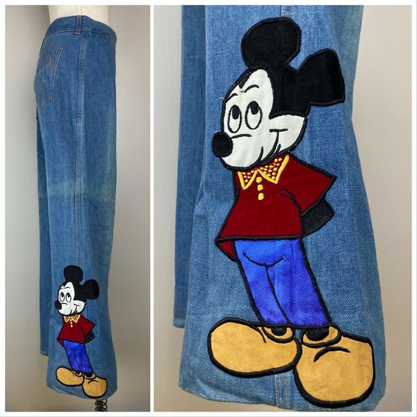 Vintage 1970s Mickey Mouse Blue Jeans, 36" x 28", Walt Disney Productions, 70s Denim with Appliqué