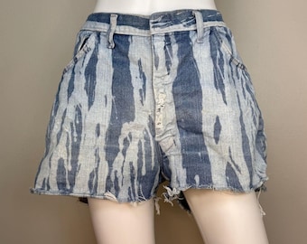 Pantalones cortos vaqueros vintage de los años 70, vaqueros cortados, rayas de cebra desteñidas, cintura de 89 cm, desgastados.