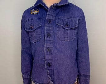Vintage 1970s Kids Denim Shirt with Vintage Patches, Size 5, Snoopy, Fenwick, Flowers