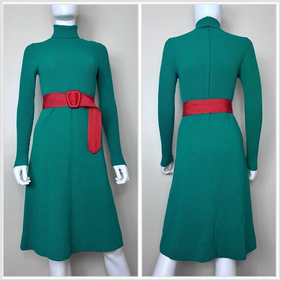 Vintage 1970s Green Knit Turtleneck Sweater Dress… - image 1