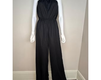 Mono vintage negro sin tirantes de pierna ancha de los años 70, hecho a mano, talla pequeña/mediana.