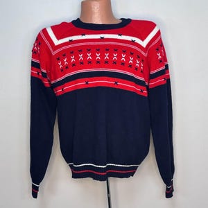 Vintage 1970s Striped Ski Sweater, Red and Navy Blue, Veneto by Seaton Size Small-Medium