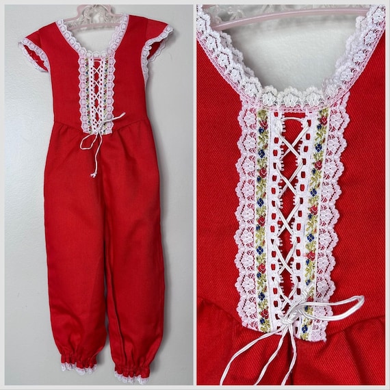 Vintage 1970s Girls Overall Jumpsuit with Lace Up 