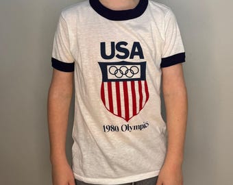 Camiseta vintage de los Juegos Olímpicos de EE. UU. de 1980, para niños, marca Anvil, talla juvenil mediana.