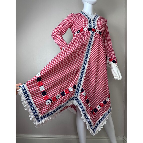 Vintage 1970s Red Gingham Handkerchief Hem Dress,… - image 2