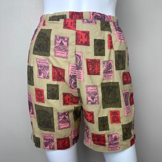 Vintage 1950s Novelty Print Shorts, Size XS, High Rise, Back Zip, Tobacco Felts