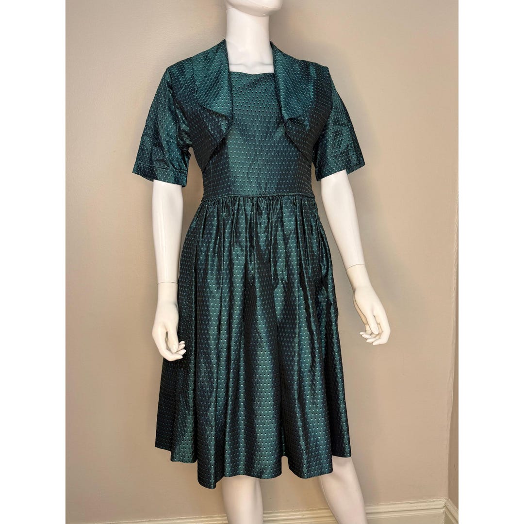 Vintage 1950s Teal Green Taffeta Dress and Bolero Set, Handmade Size ...