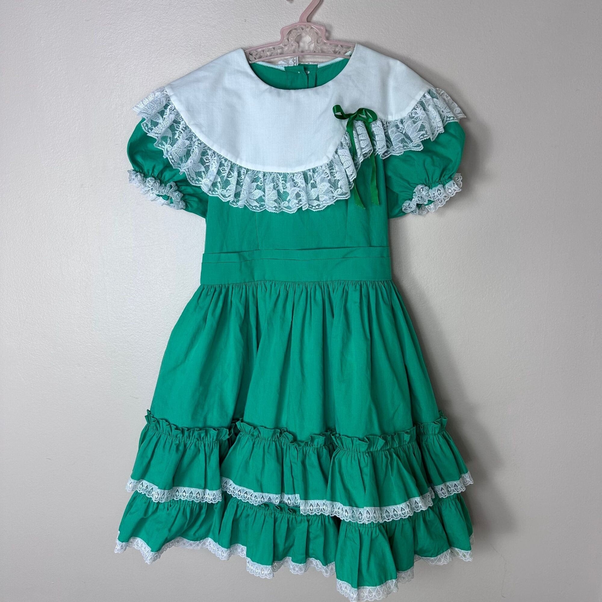 Vintage 1980s Green Frilly Dress, Kid's Avenue Size 10, Full
