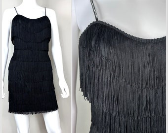 Vintage 1990s Black Fringe Mini Dress, Roberta Size XS, Flapper LBD