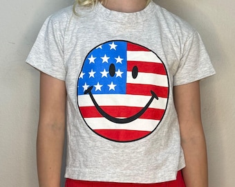 Vintage 1990s Kids’ USA Flag Smiley Face T-Shirt, Cropped, Size 6-8