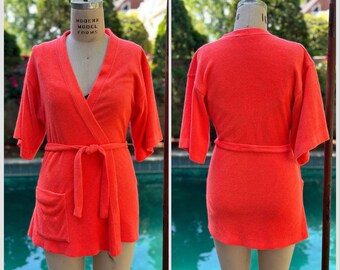 Robe de plage orange vif en tissu éponge vintage des années 1970, Catalina taille XS, maillot de bain Swim Cover Up