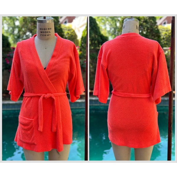 Vintage 1970s Bright Orange Terry Cloth Beach Robe, Catalina Size XS, Bathing Suit Swim Cover Up