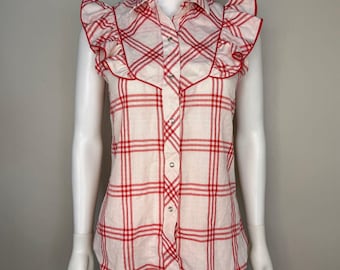 Blusa western vintage de los años 80/90, blanca y roja, sin mangas, con volantes, Karman, talla pequeña.