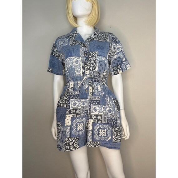 Vintage 1990s Bandana Patchwork Print Denim Romper, Studiowear Petite size Medium
