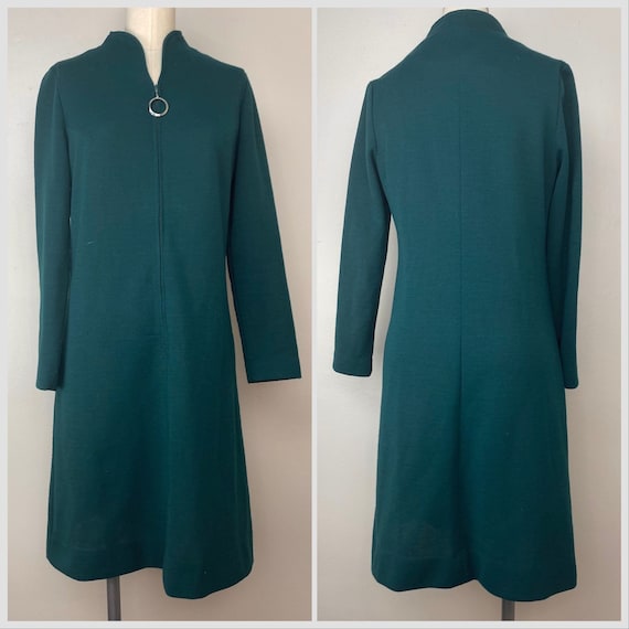 Vintage 1970s Forest Green Mod Mini Dress, K II, … - image 1