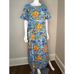 Vintage 1970s Hawaiian Novelty Print Floral Maxi Dress, Sears Hawaiian Loungers Size Large, Cotton Kaftan Muumuu