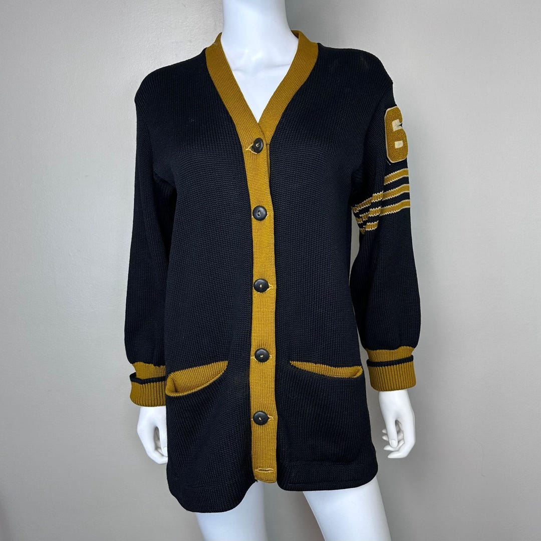 Vintage Green Black White Broadway Supply Cheerleader Cardigan S 10 12