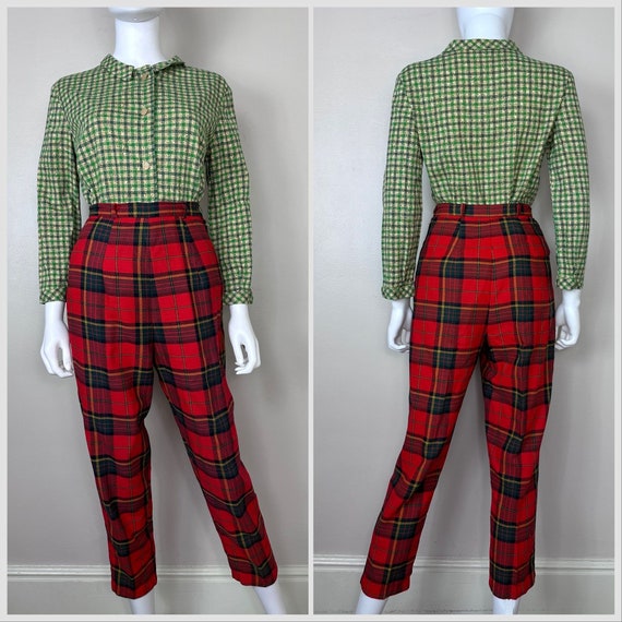 Vintage 1950s/60s Cropped Red Plaid Pants, Side Z… - image 3
