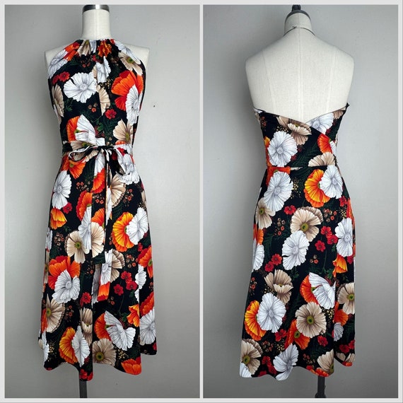 Vintage 1970s Floral Halter Wrap Dress, Handmade … - image 1