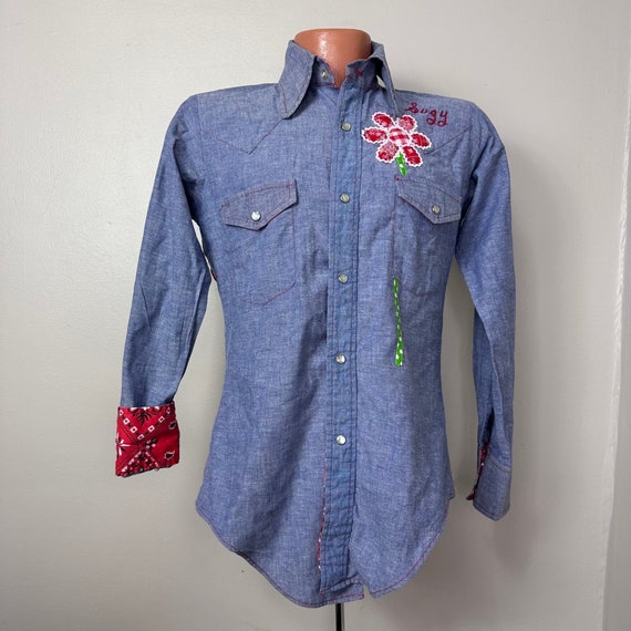 Vintage 1970s Chambray Shirt with Floral Appliqué,