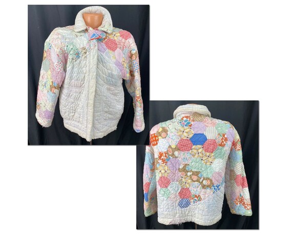 Vintage Feedsack Quilt Jacket, Handmade Antique He