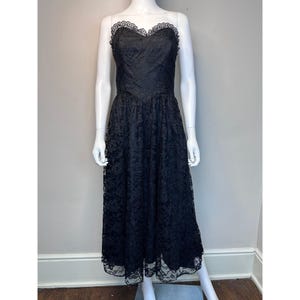Vintage 1980s Black Lace Strapless Dress, Superstition Size Small, Sweetheart Neckline