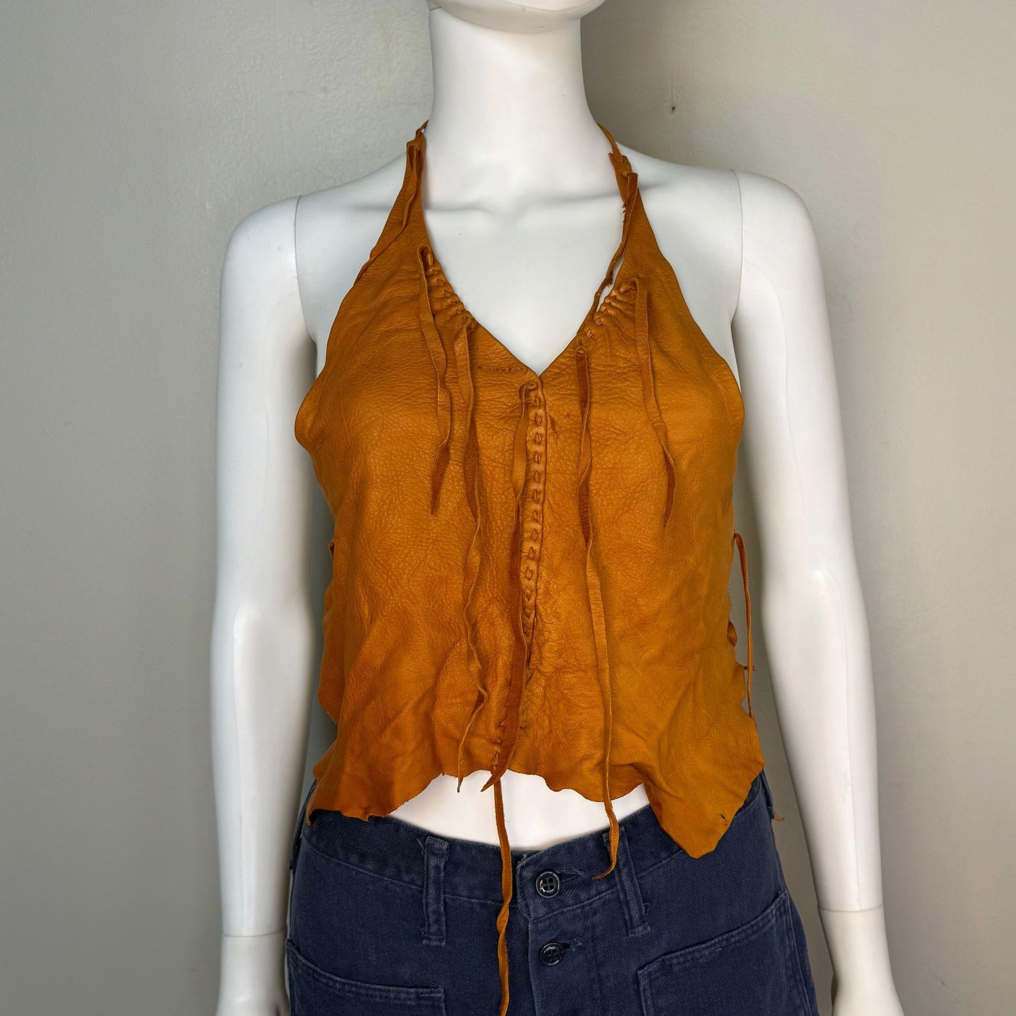 Vintage 1970s Brown Leather Hide Halter Top, Cropped, Open Back, Handmade Size XS-Small