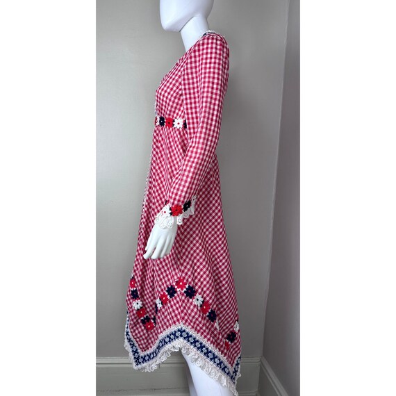Vintage 1970s Red Gingham Handkerchief Hem Dress,… - image 3