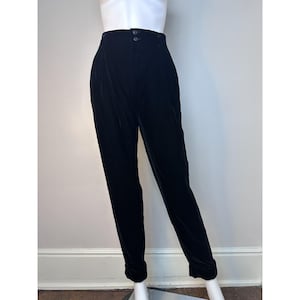 Vintage 1980s Black Velvet High Waisted Trousers, Finity HoneyBee Size Small, Pleated, Tapered, Cuffed, Deadstock with Tags