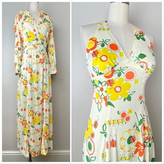 Vintage 1970s Novelty Print Halter Dress and Crop… - image 1