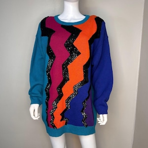 Vintage 1990s Bright Zig Zag Sweater with Black Sequins, Extra Point by Reference Point Size 3XL, Deadstock with Tags