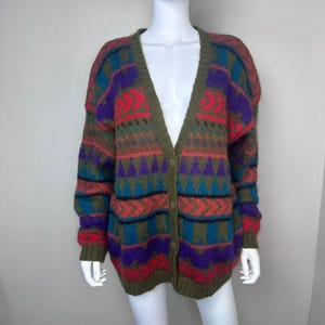 Vintage 1980s Army Green with Bright Stripes Oversized Mohair Cardigan Sweater, Knit Knit Size Medium