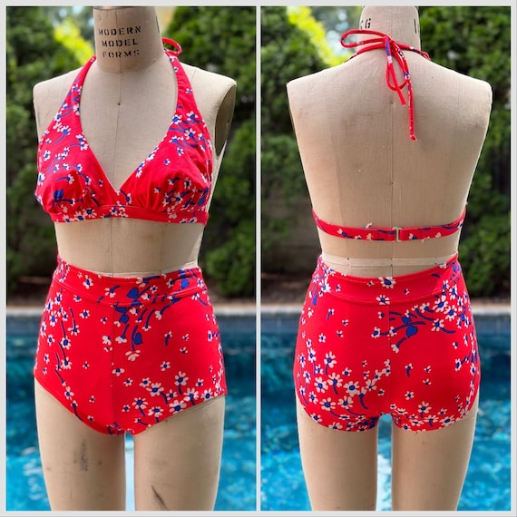 Vintage 1970s Red Floral Bikini Swimsuit, Jantzen… - image 1