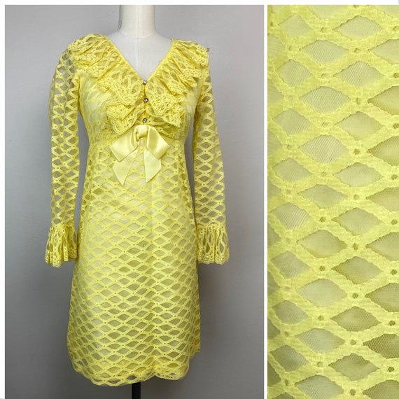 Vintage 1960s Yellow Net Cocktail Dress, Size XS, 