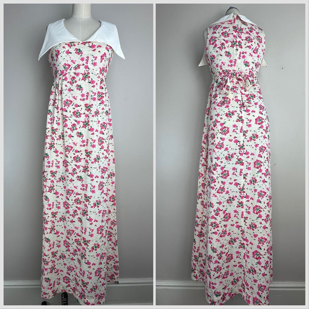 Large 1970s Colorful Maxi Dress White Floral Bright Belt Long Sleeve