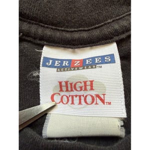 Pu&ograve; includere: Primo piano di un'etichetta di una maglietta nera. L'etichetta recita "JERZEES ACTIVEWEAR" in blu e bianco, con "HIGH COTTON" in rosso. Sono visibili un paio di forbici.