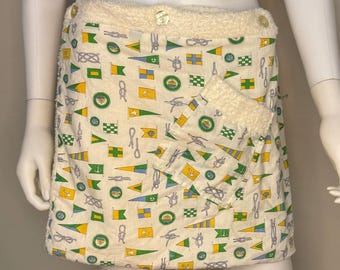 Vintage 1960s Pleetway Towel Lined Beach Kilt, Nautical Print, Swimsuit Cover Up, Terrycloth Wrap