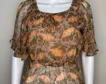 Vintage 1970s/80s Sheer Brown and Orange Floral Blouse, Prophecy Size Medium, Flutter Sleeves