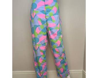 Pantalones de surf psicodélicos vintage de los años 60, estampado abstracto, talla pequeña-mediana.