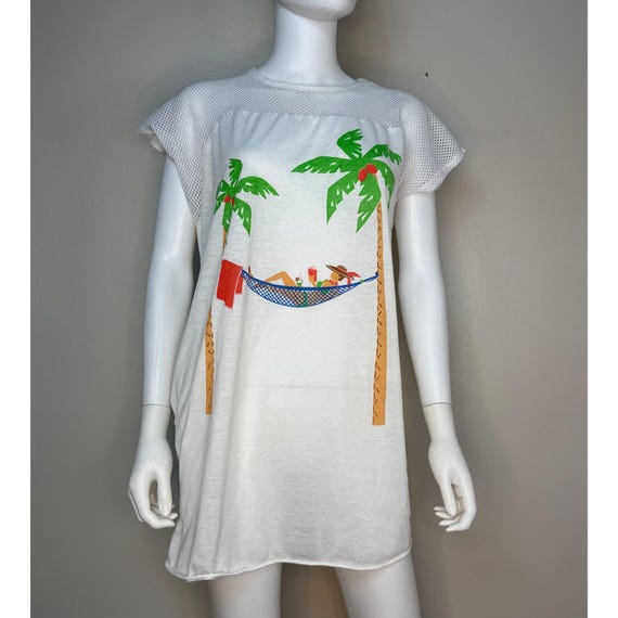 Vintage 1980s Swimsuit Cover Up, T-Shirt Dress, Pool, Beach, Get-Up-N-Go Size Small, Woman in Hammock Between Palm Trees