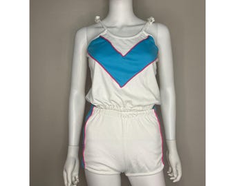 Vintage 1980s White and Aqua Knit Top and Shorts Set, Fashion Square Size XS